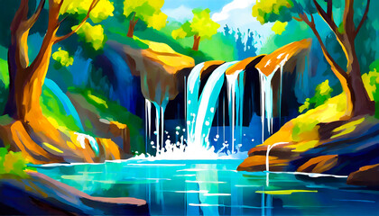 Landscape and Waterfall in gouache