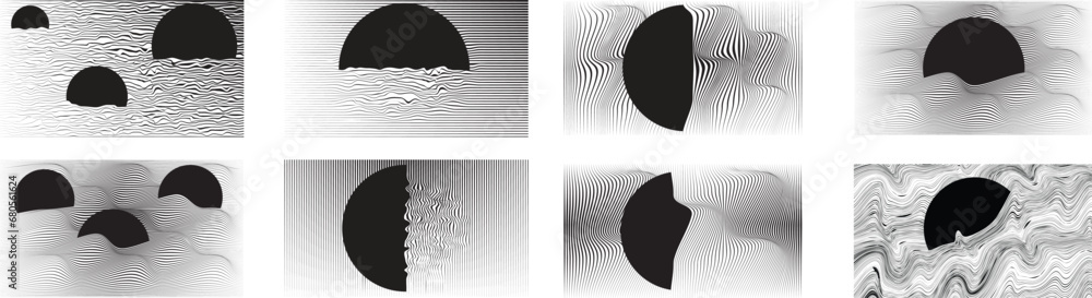 Poster abstract motion graphic design background . black circle and horizontal lines . transition shapes . 