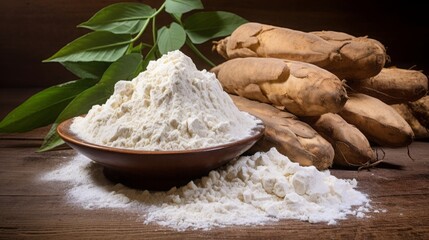 cassava on the table and flour. - obrazy, fototapety, plakaty