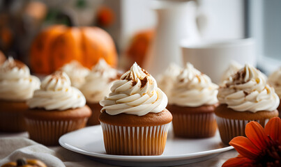Obraz na płótnie Canvas Harvest Treat: Delectable Pumpkin Cupcakes with Cream on a White Table