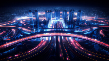 Fototapeta na wymiar Ethereal cityscape with neon-lit highways beneath a starry sky. Digital connectivity and future cities concept. Generative AI