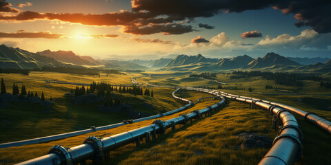 Serpentine pipelines across golden fields at dusk, reflecting energy sector's integration with agriculture. Generative AI