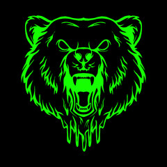 bear head in neon green, suitable for t-shirt designs, glow in the dark
