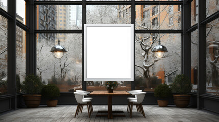 Cozy cafe interior with blank poster and winter cityscape, warm lighting. Intimate dining and advertising concept. Generative AI