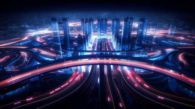 Ethereal cityscape with neon-lit highways beneath a starry sky. Digital connectivity and future cities concept. Generative AI
