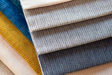 Close up view bright color fabric, Texture of fabric material polyester for making furniture products and home decoration, Background fabric above.