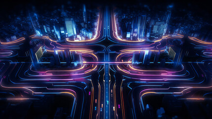 Futuristic urban interchange with layered roadways glowing in neon lights. Smart transportation network concept. Generative AI