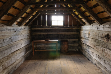 Inside of an old fashioned American log cabin