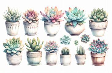 Watercolor from a cute succulent pot plants on white background.