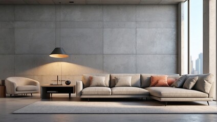 Modern Architecture, Minimalist Living Room with Concrete Wall. Interior Design. 3D Illustration