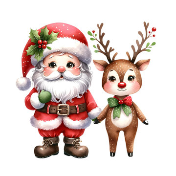 Cute Santa Claus and Reindeer in watercolor style