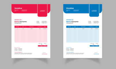 Modern, creative and minimal professional business invoice template set | Blue and Red colors