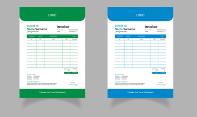 Modern and minimal professional business invoice template set | Blue and Green colors