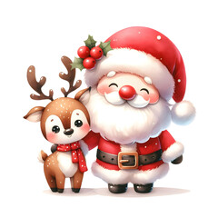 Cute Santa Claus and Reindeer in watercolor style