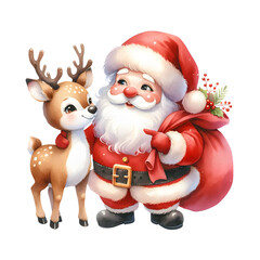 Cute Santa Claus and Reindeer in watercolor style