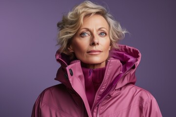 Fototapeta premium Portrait of a tender woman in her 50s wearing a windproof softshell against a solid color backdrop. AI Generation