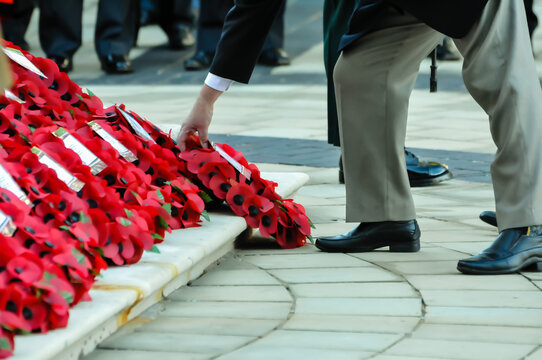 A man lays a poppy wreath on the steps of the Cenotaph during the remembrance ceremony