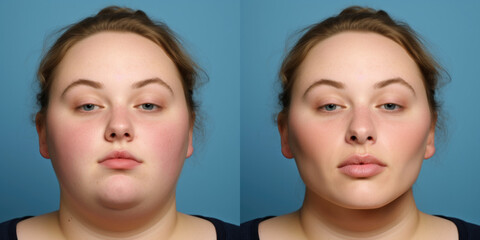 Before and after results of a woman with jawline surgery, submental liposuction and buccal fat removal for plastic surgery promo.