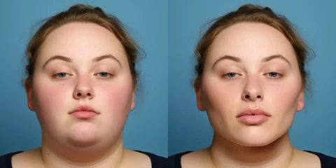 Fotobehang Before and after results of a woman with jawline surgery, submental liposuction and buccal fat removal for plastic surgery promo. © comicsans