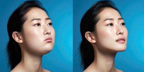 Before and after results of Asian woman with jawline surgery, chin implant and buccal fat removal for plastic surgery promo.