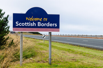 Welcome to Scottish Borders county road sign at the Scotland/England border on the A1