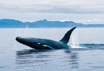 Fototapeta premium a whale emerging from the water. beautiful calm landscape with a whale