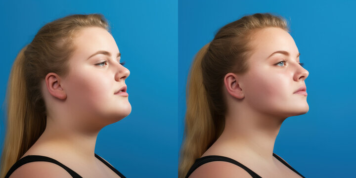 Before and after results of woman with jawline surgery, chin implant and buccal fat removal for plastic surgery promo.