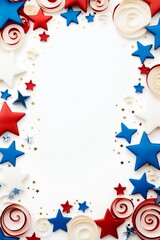 Happy 4th of July, red white, and blue stars and stripes patriotic memorial day white background flat lay concept. Independence day patriotic design