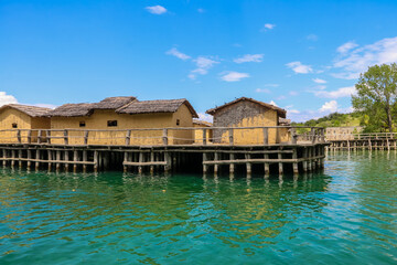 Obraz premium Museum on water, Bay of Bones, prehistoric pile-dwelling, recreation of a bronze age settlement on Lake Ohrid, North Macedonia