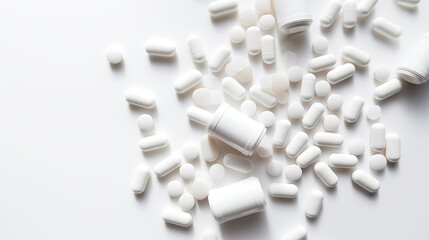 Prescription medicine drug pills scattered on white countertop addiction opioid epidemic crisis painkiller benzodiazepine  - obrazy, fototapety, plakaty