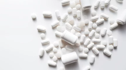 Fotobehang Prescription medicine drug pills scattered on white countertop addiction opioid epidemic crisis painkiller benzodiazepine  © The Stock Image Bank