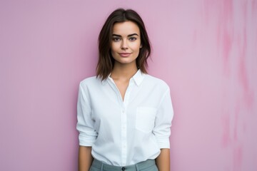 Fototapeta premium Portrait of a content woman in her 20s wearing a simple cotton shirt against a solid pastel color wall. AI Generation