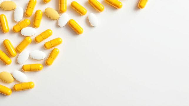 Prescription medicine drug pills scattered on white countertop addiction opioid epidemic crisis painkiller benzodiazepine 