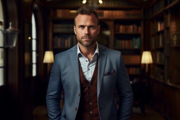 Fototapeta premium Portrait of a content man in his 40s dressed in a stylish blazer against a scandinavian-style interior background. AI Generation