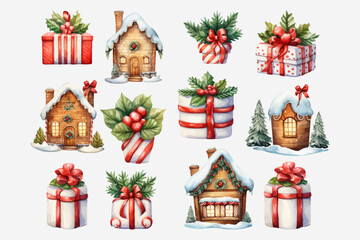 Christmas gingerbread house and gift box set collection, candy house. Watercolor style clipart, Vector illustration