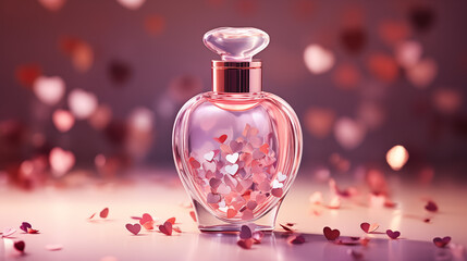 Obraz na płótnie Canvas Exquisite Female Perfume Bottle: Valentine's Day-Themed Design with a Pink Palette, Hearts - Ideal for Banners, Wallpapers, and Backgrounds, Enhancing Elegance and Romance