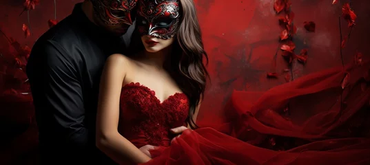 Stickers Carnaval Venetian carnival couple in colorful costumes posing on studio background with copy space  © Ilja