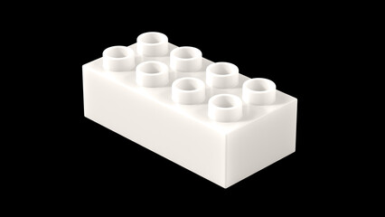 Gardenia Plastic Lego Block Isolated on a Black Background. Children Toy Brick, Perspective View. Close Up View of a Game Block for Constructors. 3D Rendering. 8K Ultra HD, 7680x4320, 300 dpi