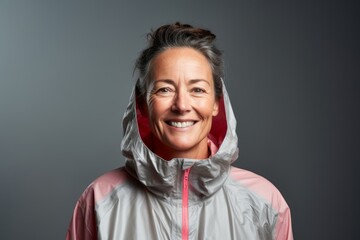 Portrait of a smiling woman in her 50s wearing a lightweight packable anorak against a blank studio...