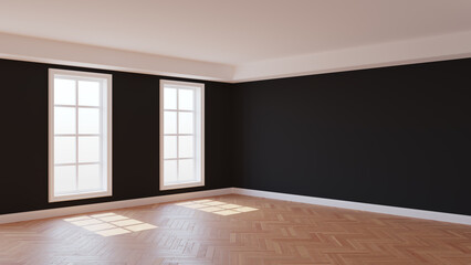 Beautiful Room with Black Walls, Two Windows, White Ceiling and Cornice, Glossy Herringbone Parquet Floor and a White Plinth. Beautiful Room Concept. 3D rendering, 8K Ultra HD, 7680x4320, 300 dpi