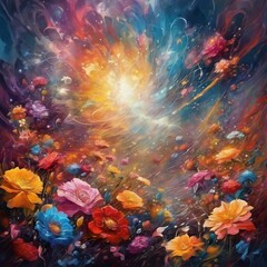 space storm of flowers, contemporary art, intense, dynamic, stylized, fantastic, detailed, high resolution