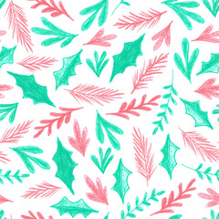 Fototapeta premium Hand drawn pastel chalk xmas background with different red and green holly leaves on white.Christmas, X-mas, New year design element for print wrapper, cards