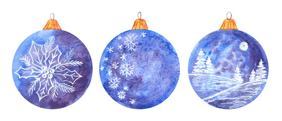 Set of hand drawn watercolor christmas balls with aquarelle blots, stains and splashes textures in...