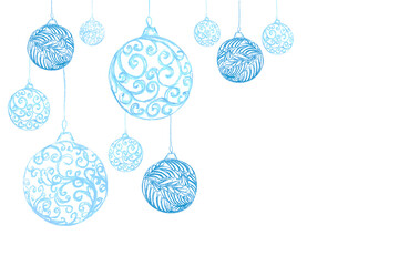 Hand drawn pastel chalk decorated hanging christmas balls with filigree curves,curls as mock up background with copy space.Isolated new year party element