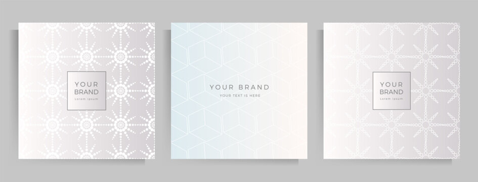 Cover template design for your menu, invitation, folder, notebook, postcard. Elegant geometric pattern in silver color with space for your text. Square format. Vector illustration.