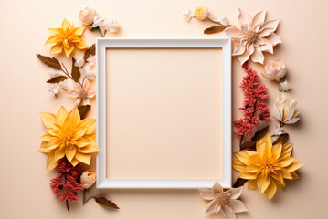 White empty frame surrounded by yellow, white and red flowers on a beige background. Birthday greeting card or mom's birthday card