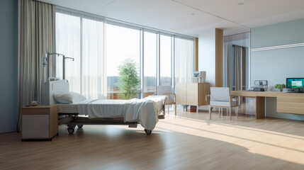 Hospital room with panoramic glass windows offering a tranquil tree-lined view. State-of-the-art patient amenities. Generative AI