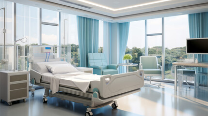 Well-lit hospital room with large windows and modern medical facilities. Comfort-oriented design. Generative AI - Powered by Adobe