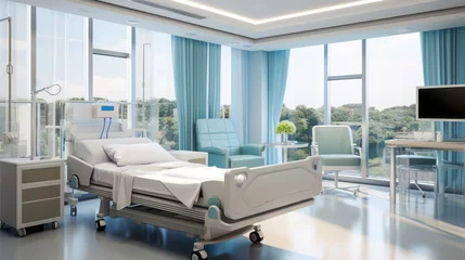 Poster Well-lit hospital room with large windows and modern medical facilities. Comfort-oriented design. Generative AI © ImageFlow
