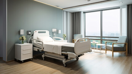 Modern hospital room with natural light and cityscape. Cleanliness and medical care concept Generative AI